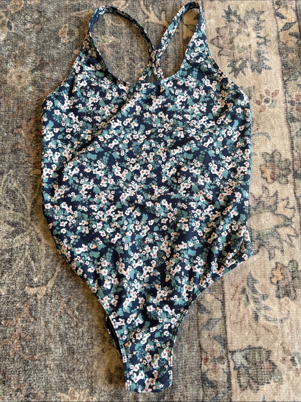 Floral One-Piece Swimsuit - Navy & Green Blossom Print (KIDS)